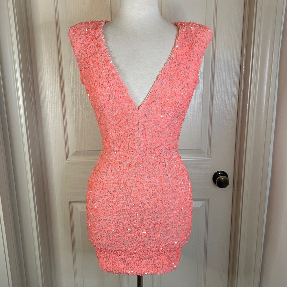 Helsi Jodi NWT Coral  Sequin Mini Dress Sleeveless plunging‎ Party Cocktail XS